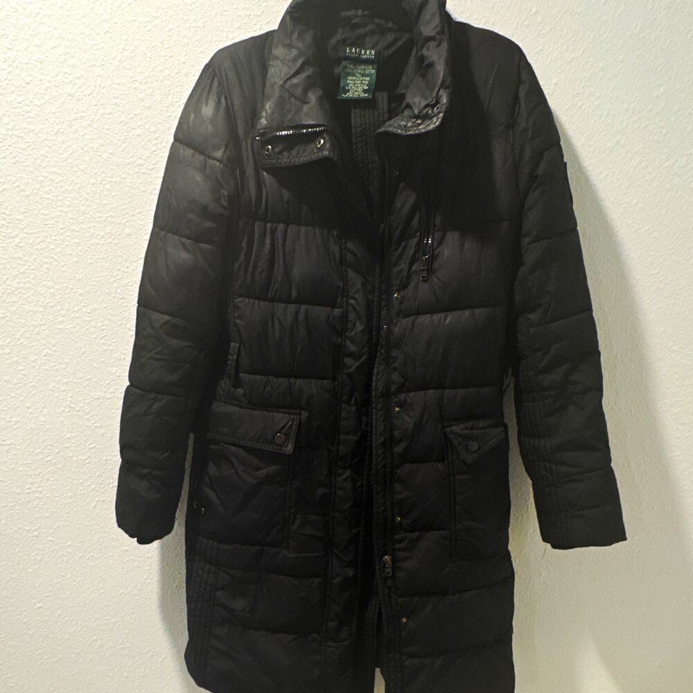 Y2K Lauren Ralph Lauren Black Womens Long Puffer Coat Faux Fur Belted Size 8